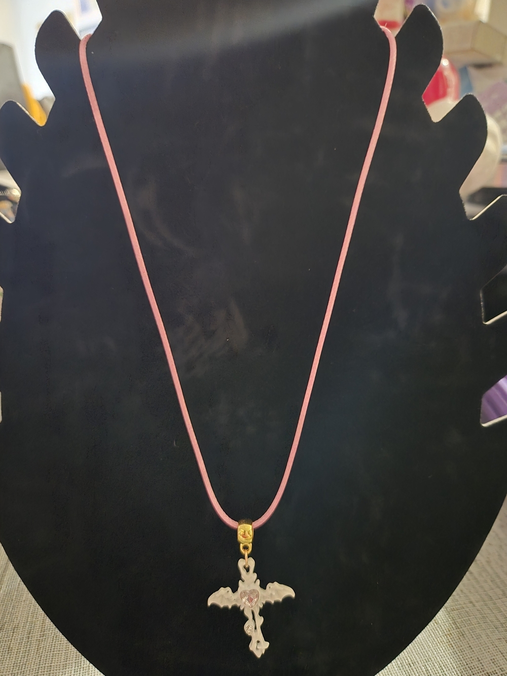 Pastel Goth Romance: Pink Bat Cross Cord Necklace